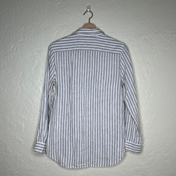 Babaton Women’s Linen Striped Button Down Shirt White Tan Long Sleeve Size Small - Picture 2 of 5